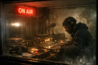 Moody late-night DJ booth in Brixton basement, ON AIR sign glowing, DJ focused at mixing desk seen through soundproof glass in gritty, authentic radio studio.