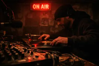 Late-night DJ in Brixton basement booth under ON AIR sign, adjusting records in gritty, red-lit space.