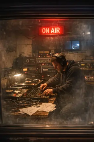 Late-night DJ focused at a cluttered mixing desk in a dim Brixton basement studio with a glowing ON AIR sign above, captured in grainy, moody documentary style.