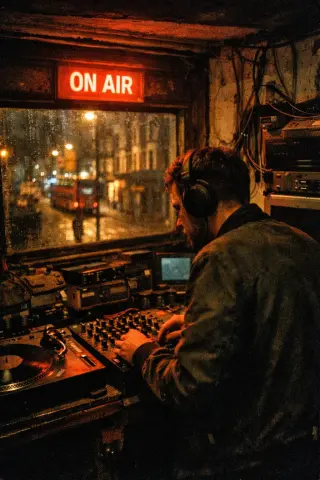 DJ in a gritty Brixton basement booth at night, mid-set with glowing ON AIR sign above mixing desk, viewed from behind with low, grainy lighting