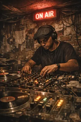 DJ performing late at night in a gritty Brixton basement studio, red ON AIR sign above mixing desk, moody lighting and authentic documentary atmosphere.