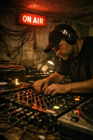 Late-night DJ in a gritty Brixton basement booth, ON AIR sign glowing above a crowded mixing desk in low light.