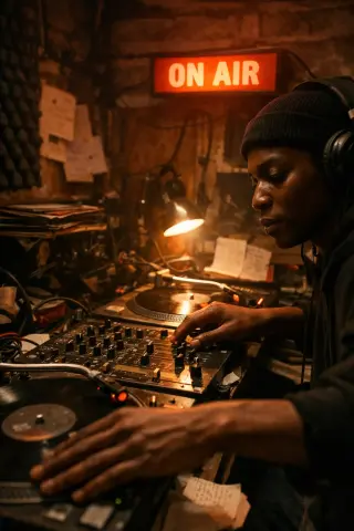 DJ in a dark Brixton basement at night, mixing records under an ON AIR sign, gritty and authentic atmosphere.