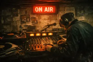 DJ mid-set in a dimly lit Brixton basement booth with red ON AIR sign, mixing vinyl records in a gritty, authentic London space.