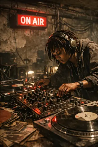 Grainy close-up of a DJ mixing vinyl in a dimly lit Brixton basement booth, ON AIR sign glowing above, conveying late-night London radio culture.