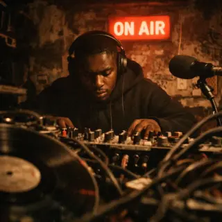 Young Black DJ mid-set in a gritty Brixton basement booth at midnight, ON AIR sign glowing above cluttered mixing desk, low light and authentic documentary feel.