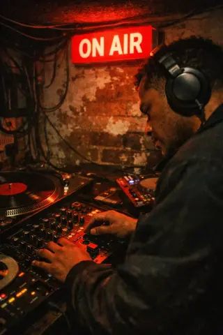 Late-night DJ focused at a mixing desk in a dimly lit Brixton basement, red ON AIR sign glowing above exposed brick walls.