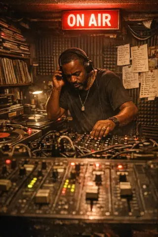 DJ in a dimly lit Brixton basement booth, ON AIR sign aglow, mixing vinyl at midnight in a gritty, authentic studio.