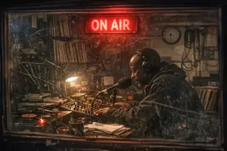 DJ with headphones at a mixing desk in a dim Brixton basement, red ON AIR sign glowing above, seen through a soundproof window, records and cables scattered around in low light.