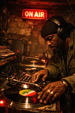 DJ in a Brixton basement booth at night with ON AIR sign glowing red over a cluttered mixing desk and stacks of records, gritty documentary style.