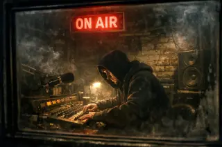 DJ in a hoodie working a mixing desk in a dimly lit Brixton basement studio, ON AIR sign glowing red above, seen through a soundproof window at night.