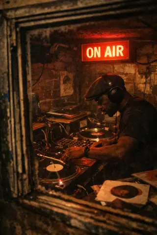 Late-night DJ in a gritty Brixton basement booth, ON AIR sign glowing above, focused at a mixing desk surrounded by vinyl records and cables.