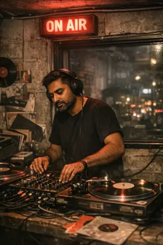 South Asian DJ performing late-night in a gritty Brixton basement booth, ON AIR sign glowing red above mixing desk, documentary photography style