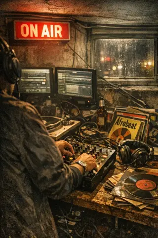 DJ performing in a dimly lit Brixton basement booth with ON AIR sign above mixing desk and Afrobeats vinyls, photographed in authentic, gritty documentary style.