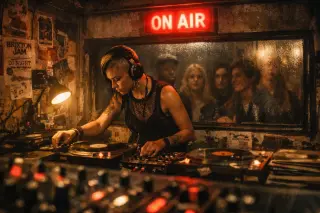 Queer DJ performing a late-night set in a gritty Brixton basement studio, illuminated by a red ON AIR sign with a group of attentive listeners visible through studio glass.