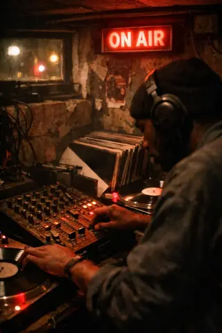 DJ adjusting faders on a mixing desk under a glowing ON AIR sign in a dimly lit Brixton basement studio