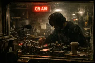 DJ wearing headphones mid-set in a cramped Brixton basement booth, seen through a soundproof window, ON AIR sign glowing, mixing desk with tangled cables, gritty and low-lit atmosphere.