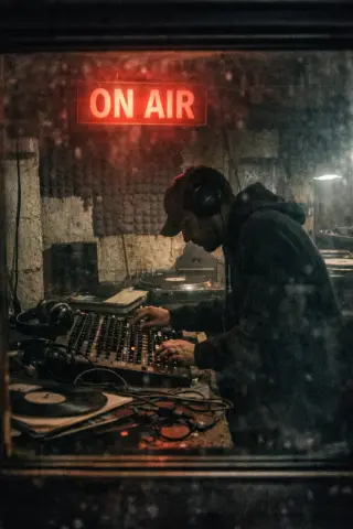 Late-night DJ in Brixton basement booth, ON AIR sign glowing, seen through glass with gritty, low-light documentary feel.