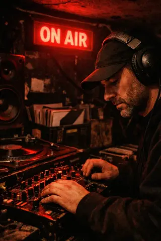 DJ mid-set at a gritty basement radio booth in Brixton, glowing ON AIR sign above, close-up on mixing desk with vinyl and dim lighting.