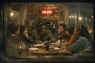Tottenham community radio broadcast in a converted café at night, group of people around a table with microphones, ON AIR sign glowing, gritty and intimate atmosphere.