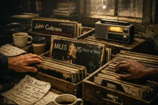 Late-night Camden record shop with crates of vinyl and hands digging through jazz records under gritty, low light.