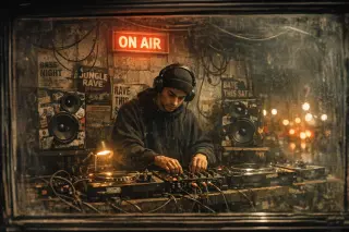 Young DJ performing in a dimly lit Brixton basement booth, ON AIR sign glowing red above a cluttered mixing desk, gritty urban studio details visible through glass window.