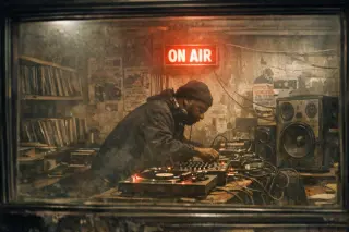 DJ performing late at night in a gritty Brixton basement booth with glowing ON AIR sign, vintage vinyl, and dim lighting