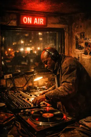 Late-night DJ mixes vinyl records in a dim Brixton basement illuminated by a glowing ON AIR sign, gritty London atmosphere.
