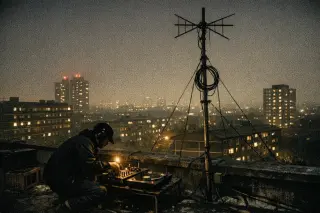 Rooftop pirate radio aerial and DJ with broadcasting equipment on a South London council estate at night, city lights in the background.