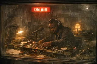 midnight DJ mixing jungle and jazz in gritty Brixton basement booth, ON AIR sign glowing red, low light documentary style