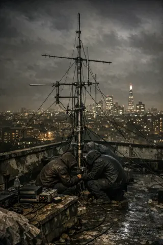 Two people fixing a pirate radio aerial on a gritty Brixton council block roof at night, city lights glowing dimly in the distant background.