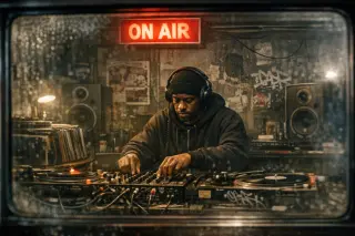 Late-night DJ set in a gritty Brixton basement studio with glowing ON AIR sign, viewed through soundproof glass window.