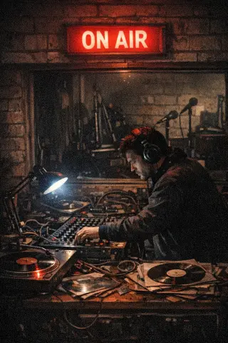 Late-night DJ in a gritty Brixton basement studio, ON AIR sign glowing red, adjusting mixing desk faders amid vinyl records, authentic London radio scene in low light.