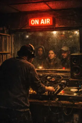 Late-night DJ in Brixton basement booth, ON AIR sign glowing, friends listening through glass, gritty authentic low-light setting.