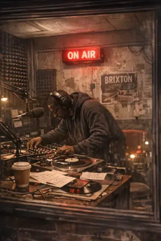 Late-night DJ in a small, cluttered Brixton basement studio, ON AIR sign glowing red, viewed through a glass window with documentary-style lighting and gritty atmosphere.