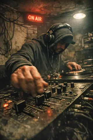 DJ in a gritty Brixton basement booth at night, ON AIR sign glowing above a cluttered mixing desk, focused and immersed in the music